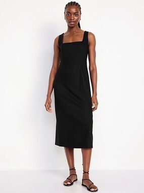 NWT Old Navy Sleeveless Square Neck Midi Dress Linen Blend Black Medium